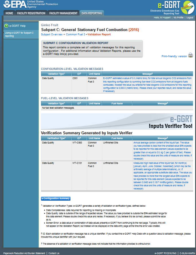 Example Initial Validation Result Listing